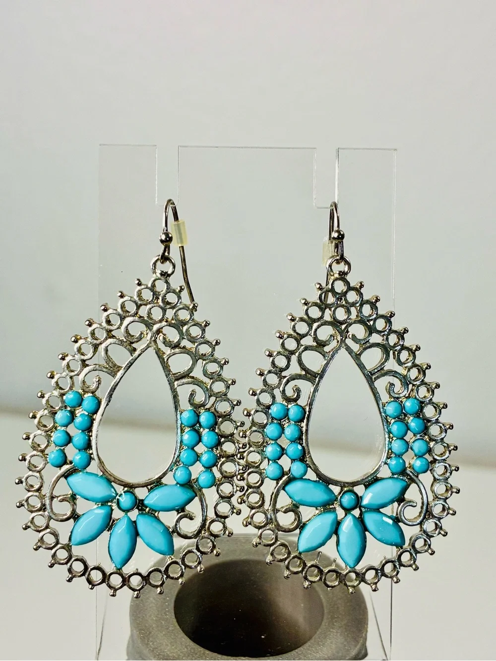 Turquoise Blue Statement Dangling and Dainty Cross Earrings Set Lot of 2 Casual